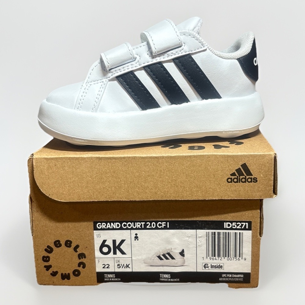 adidas White and Black Baby Grand Court 2.0 Velcro Sneakers